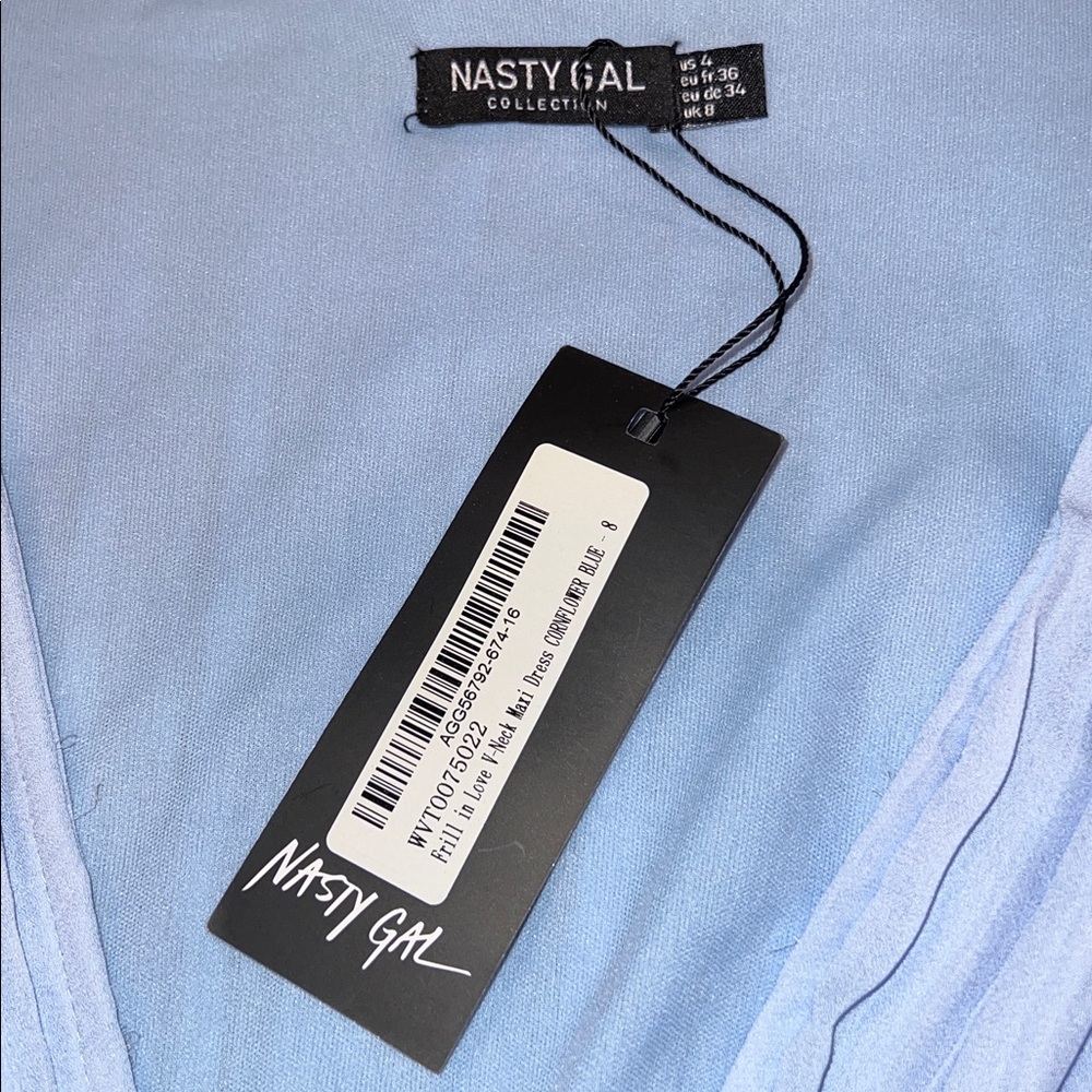 Nasty Gal Collection Frill in Love V Neck Maxi Dress Cornflower Blue 4 New - Picture 2 of 12
